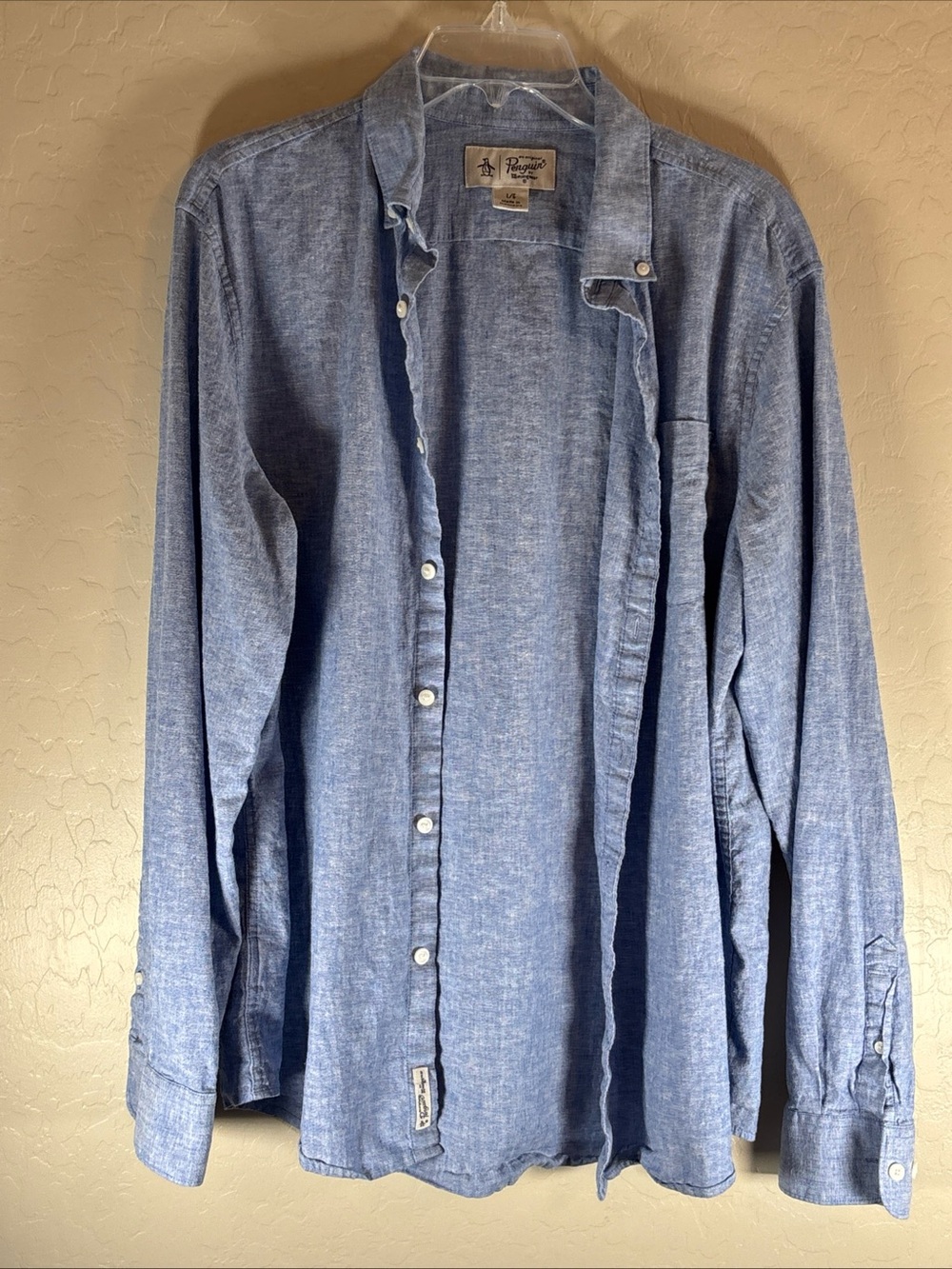 Original Penguin Shirt Mens Large Blue Long Sleeve Button Up Linen Blend